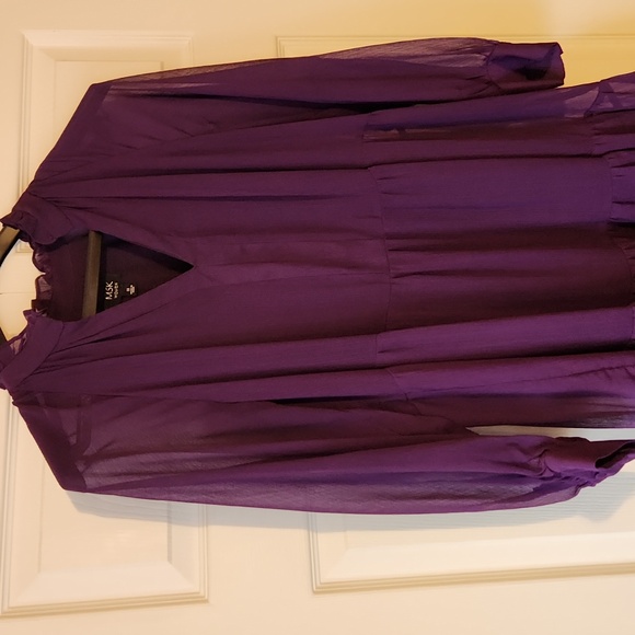 Purple Knee Length Long Sleeve Dress with Sheer Overlay - 1X - Picture 2 of 5